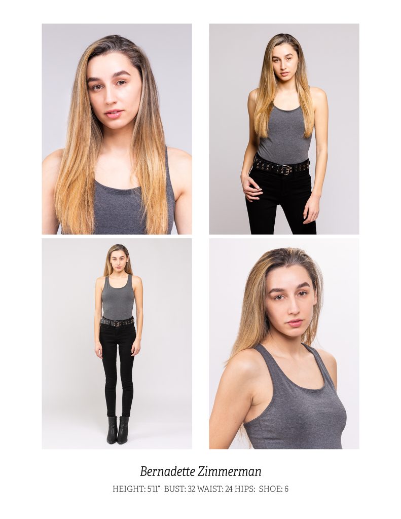 Modeling agency submission photos showing headshot, three-quarter, and full-length views